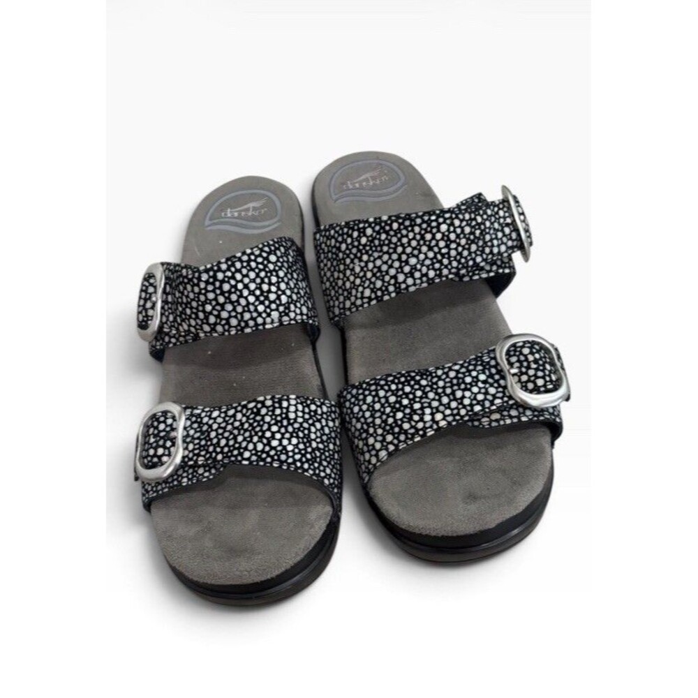 Dansko Sophie Black White Polka Dot Leather Slide Wedge Sandals Women's Size 6.5
